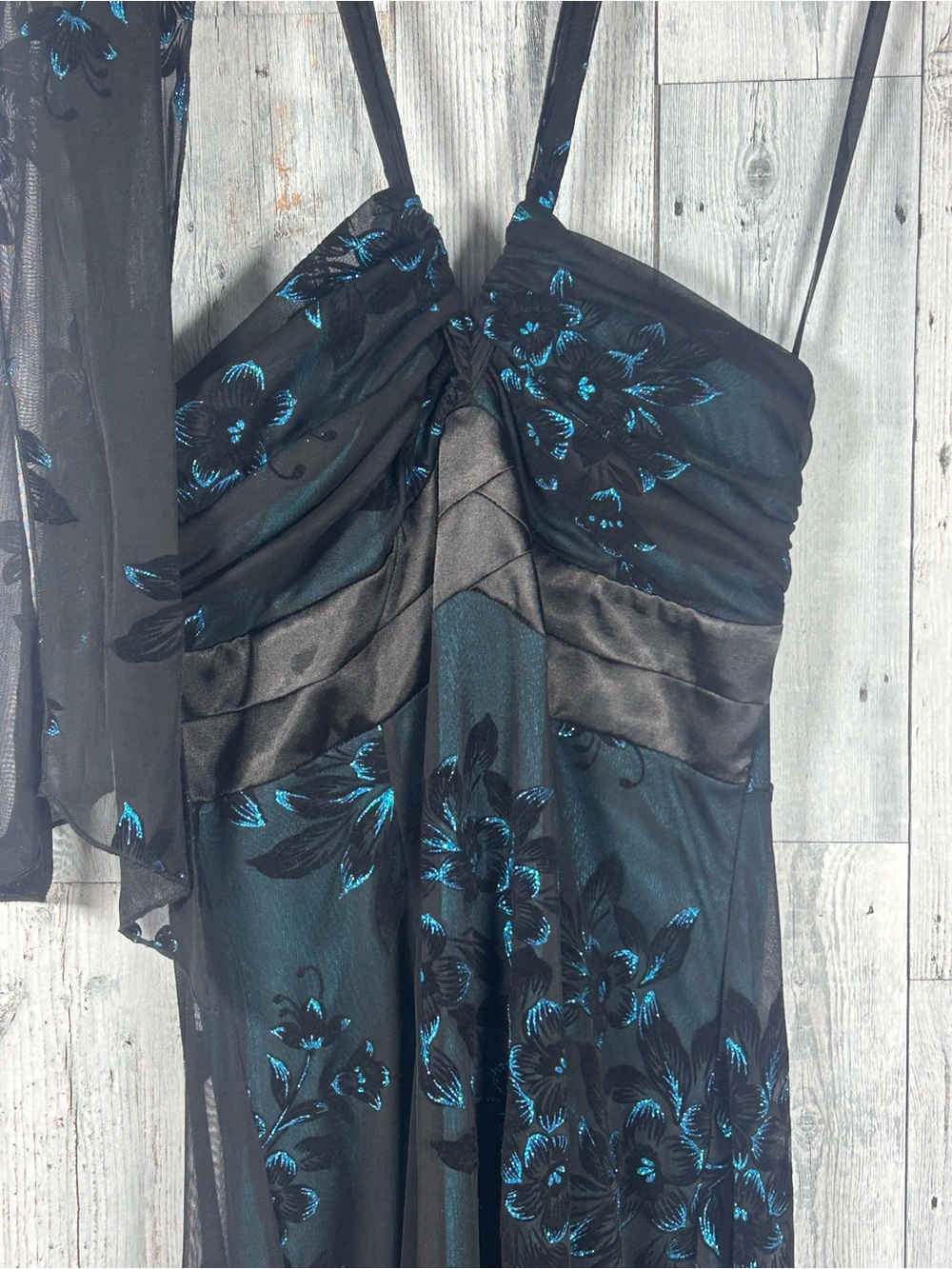 Y2K Le Château Black Teal Floral Mesh Midi Dress Scarf Ruched Goth Glam M - Picture 3 of 11